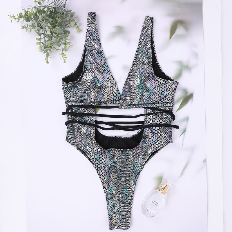 Women's Bikini One Piece Swimsuit Strappy Lace Up Swimwear Bathing Suit - Onouthati