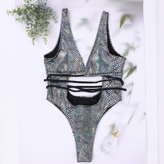 Women's Bikini One Piece Swimsuit Strappy Lace Up Swimwear Bathing Suit - Onouthati