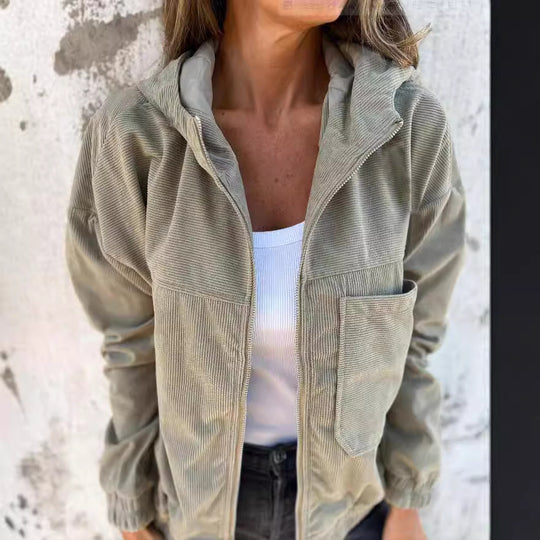 Women's Solid Color Simple Corduroy Hooded Jacket - Onouthati