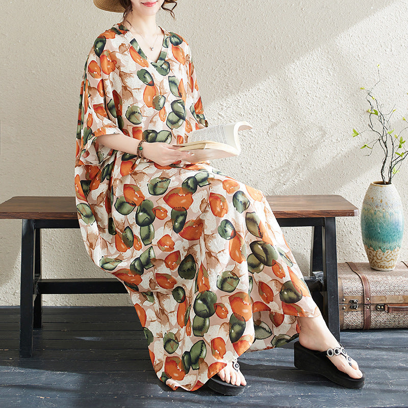 Ethnic Style V-neck Printed Striped Dress Women - Onouthati
