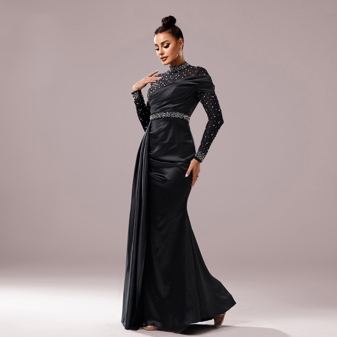 Long Sleeve Slim-fit Sheath Pearl Banquet Fishtail Evening Dress - Onouthati
