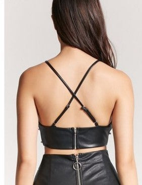 Simplee Pu leather pearl crop top women Strap backless camisoles tanks Summer style streetwear cropped sexy top female - Onouthati