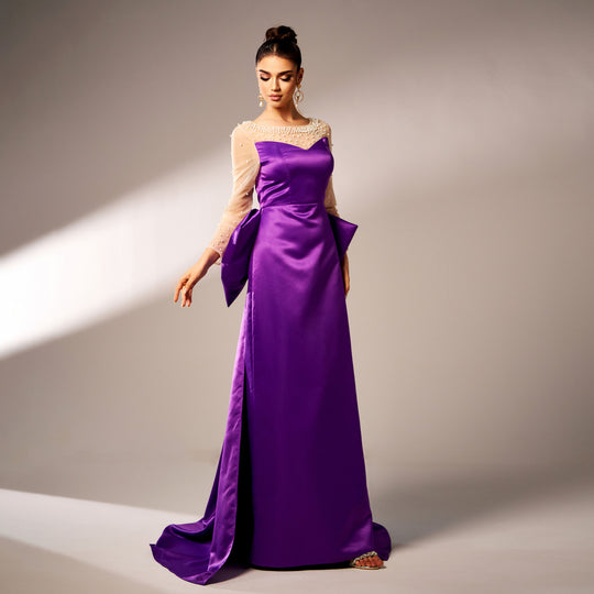 Long Sleeve Round Neck Party Beaded Big Bow Evening Dress - Onouthati