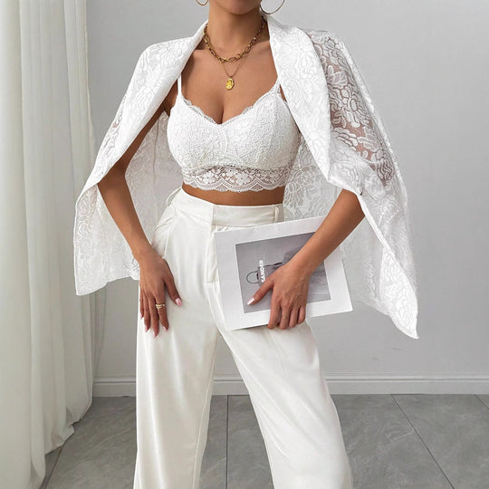 Lace Embroidery White Casual Blazer Women - Onouthati