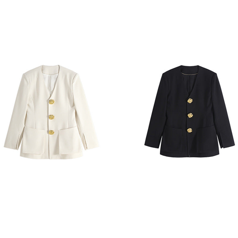White Small Suit V-neck Embossed Metal Buckle Waist Trimming Coat Women - Onouthati