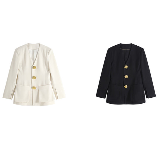 White Small Suit V-neck Embossed Metal Buckle Waist Trimming Coat Women - Onouthati