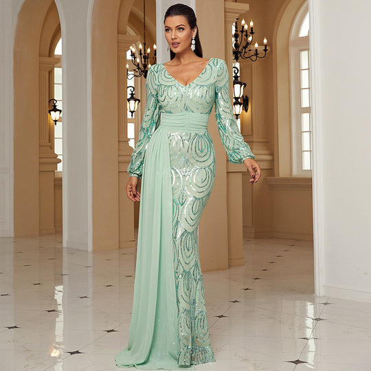 Long Sleeve Sexy Long Sequined V-neck Banquet Ribbon Evening Dress - Onouthati