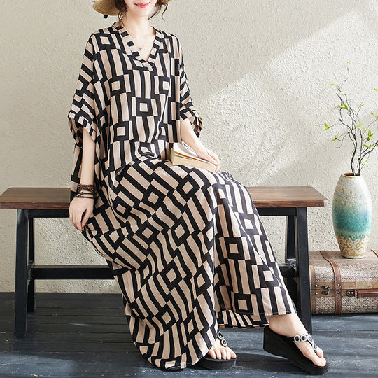 Ethnic Style V-neck Printed Striped Dress Women - Onouthati
