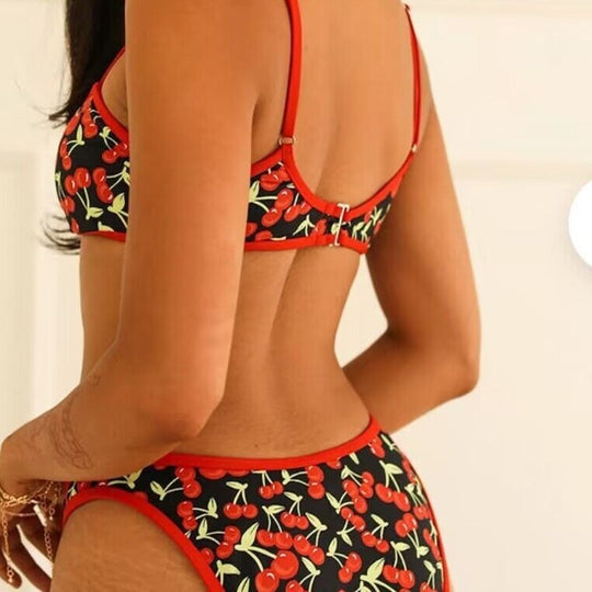New Cherry Print Tube Top Bikini Swimsuit For Women