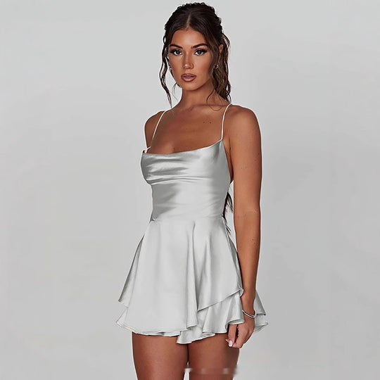 Sexy Backless Drawstring Pleated Mini Women Dress - Onouthati