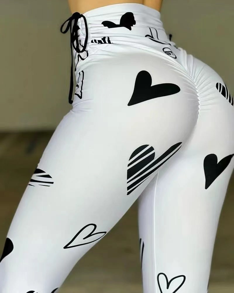 Drawstring Heart Print Yoga Sports Hip-hop Fitness Leggings - Onouthati