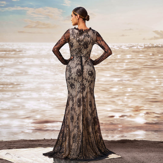 Long Sleeve Round Collar Gauze Sheath Fishtail Evening Dress - Onouthati