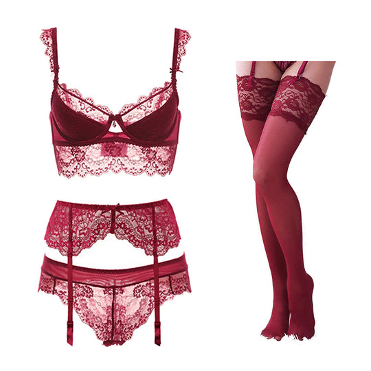 Court Style Wine Red Lace Bra Set Women - Onouthati