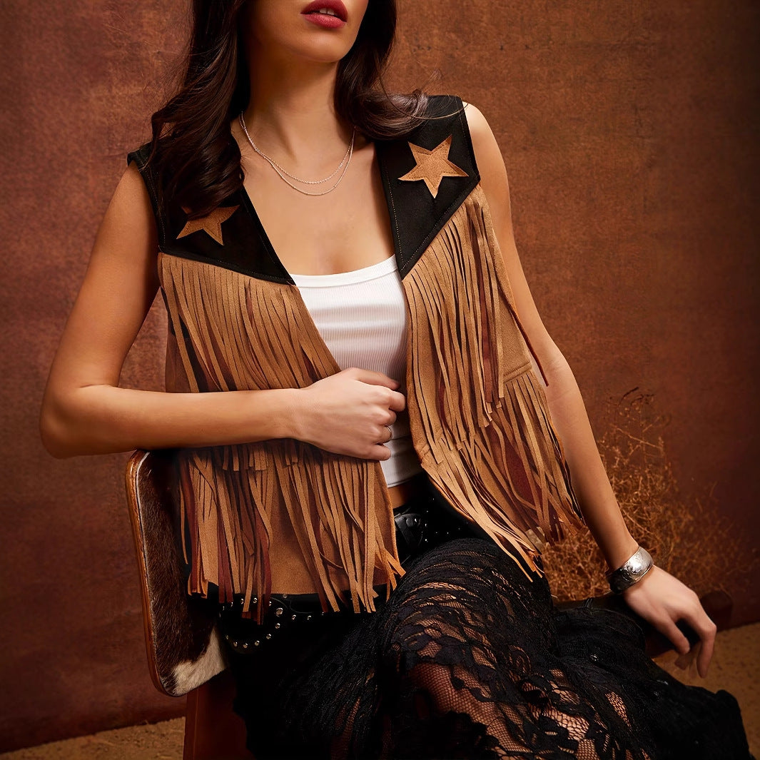 Women' Contrast Color Fringe Sleeveless Vest Jacket - Onouthati