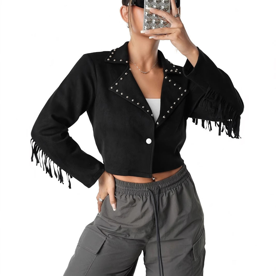 Western Denim Style Suede Fringe Imitation Rivet Women's Short Jacket - Onouthati