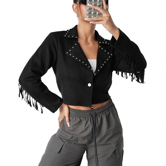 Western Denim Style Suede Fringe Imitation Rivet Women's Short Jacket - Onouthati