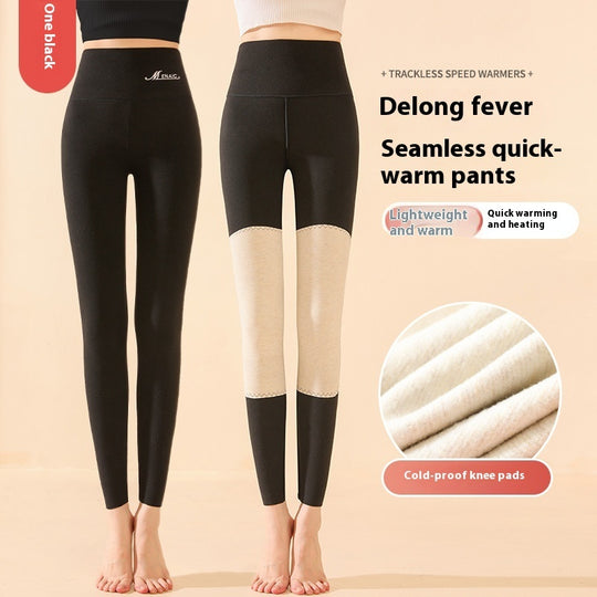 Winter High Waist Knee-pad Leggings Fashion Warm Double-sided Frosted Pants Solid Slim Trousers Women Clothing - Onouthati