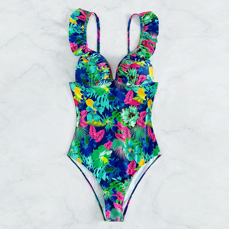 Bikini Ruffled Printed Backless One Piece Swimsuit Women - Onouthati