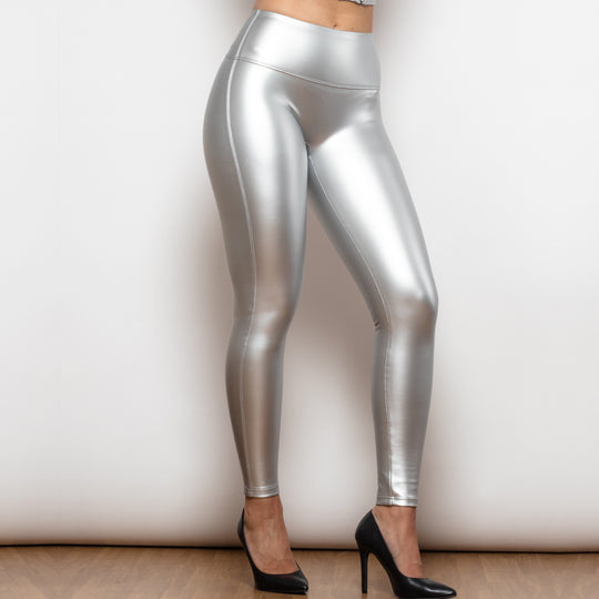 Shascullfites Melody Silver High Waist Leather V Shape Leggings Metallic Leggings Faux Leather Leggings For Women - Onouthati