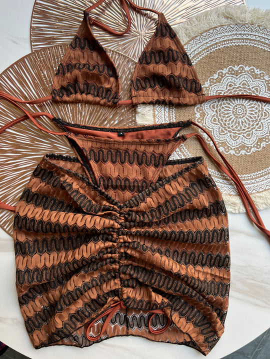 Knitting Bikini Skirt Three-piece Set Bikini Striped Swimsuit Bikini Women Swimw - Onouthati