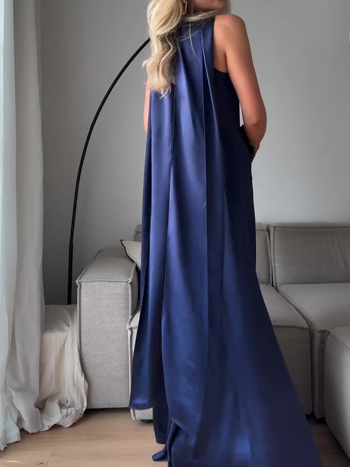 Royal Blue Satin Sleeveless Maxi Dress - Onouthati