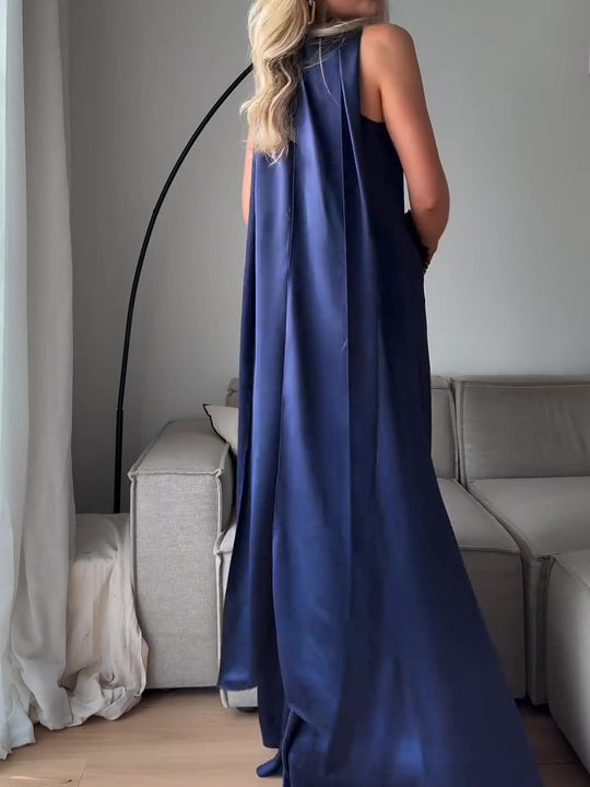 Royal Blue Satin Sleeveless Maxi Dress - Onouthati