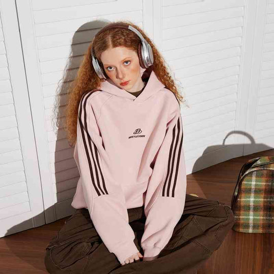Retro Sports Raglan Striped Hooded Sweater For Women - Onouthati