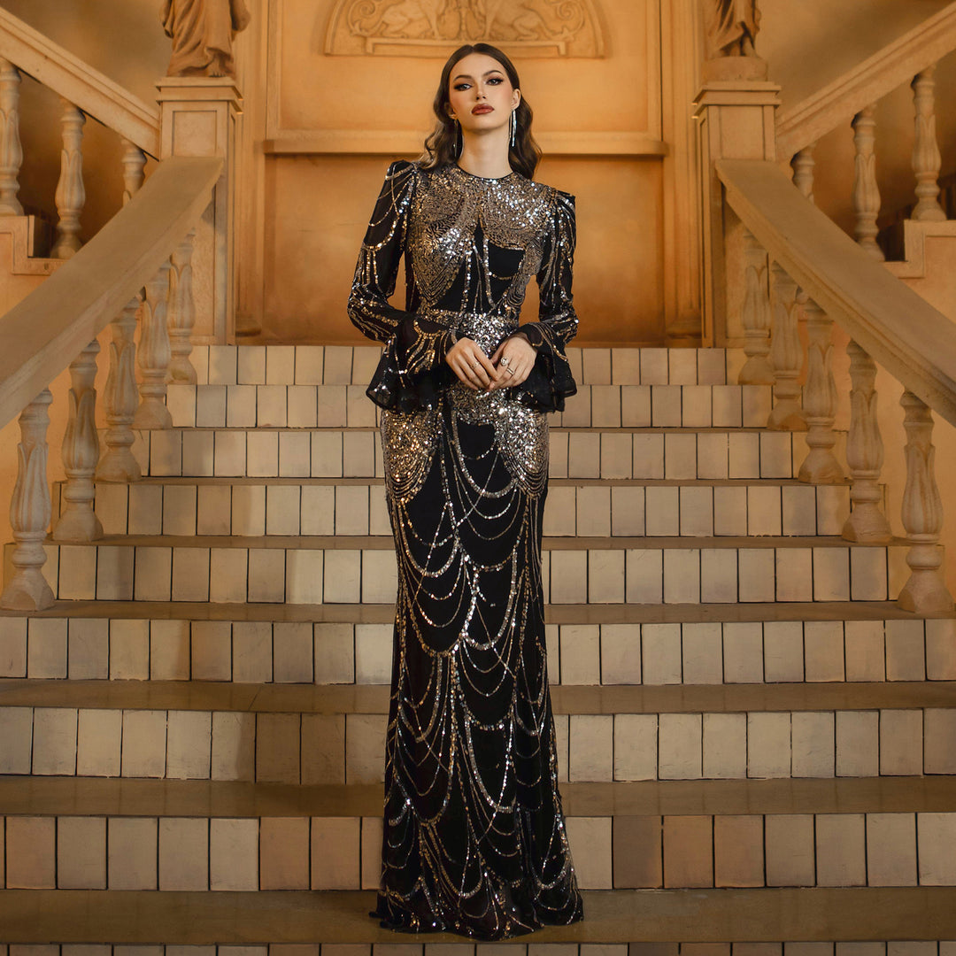 Long Sleeve Round Neck Slim-fit Sheath Sequined Banquet Fishtail Evening Dress - Onouthati