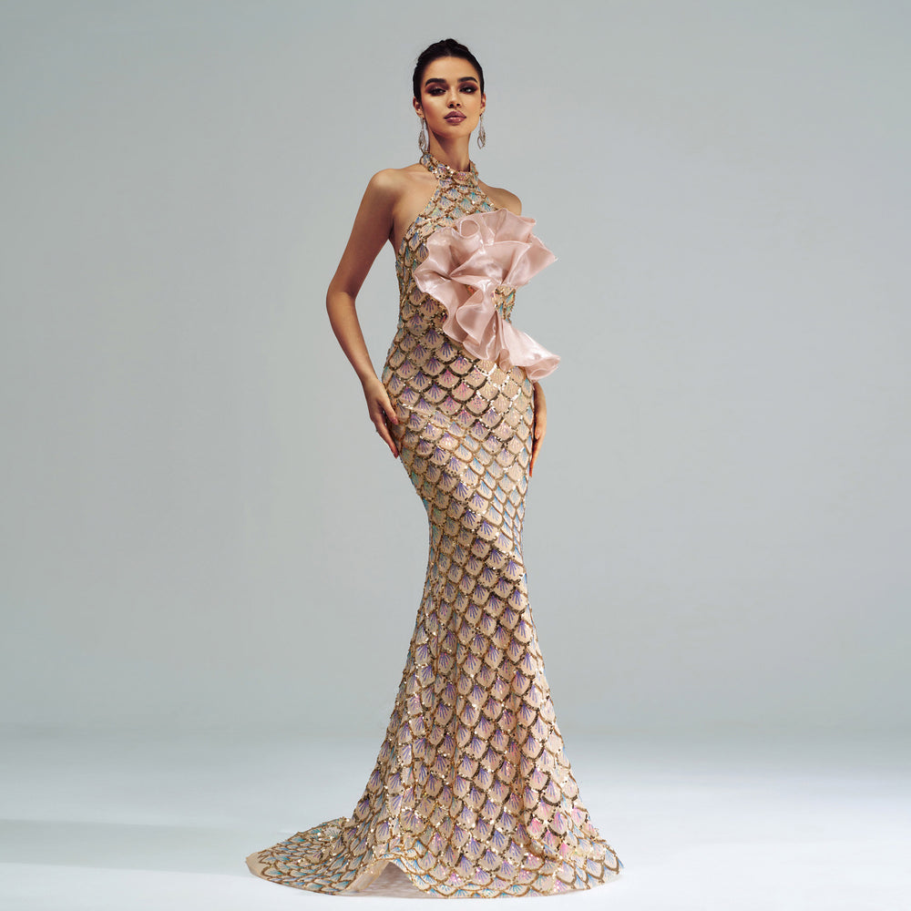 Halter Sequined Mermaid Evening Dress - Onouthati
