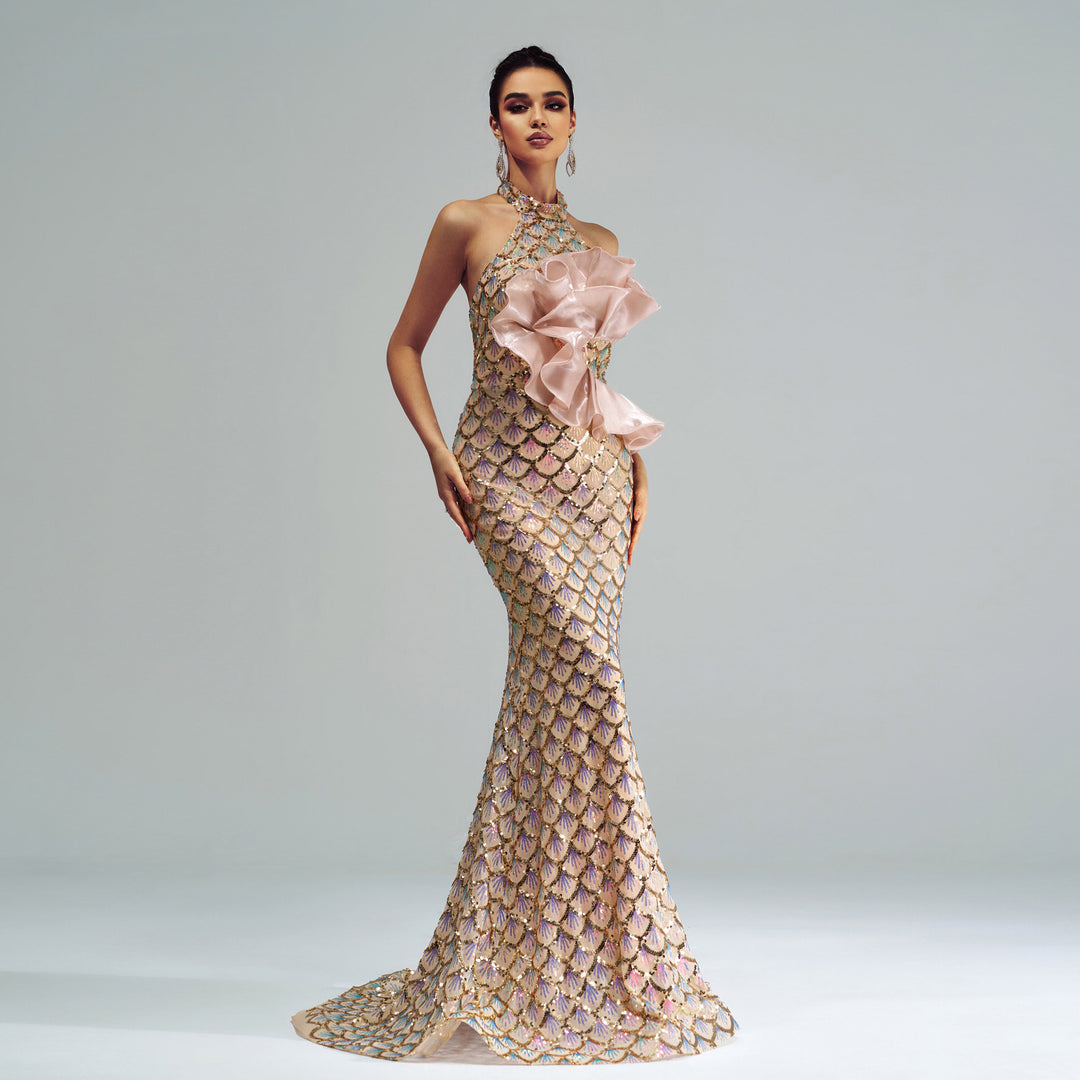 Halter Sequined Mermaid Evening Dress - Onouthati