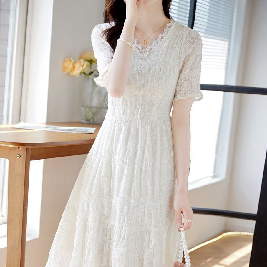 Fairy Style V-neck Lace Stitching Dress Women - Onouthati