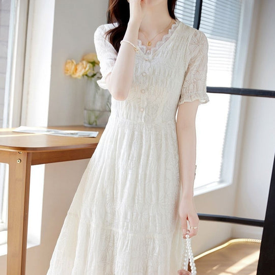 Fairy Style V-neck Lace Stitching Dress Women - Onouthati