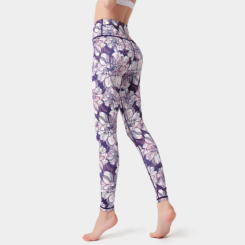 Fashion Flowers Print Leggings High Waist Hip Lifting Yoga Pants For Women Sports Running Fitness Trousers - Onouthati