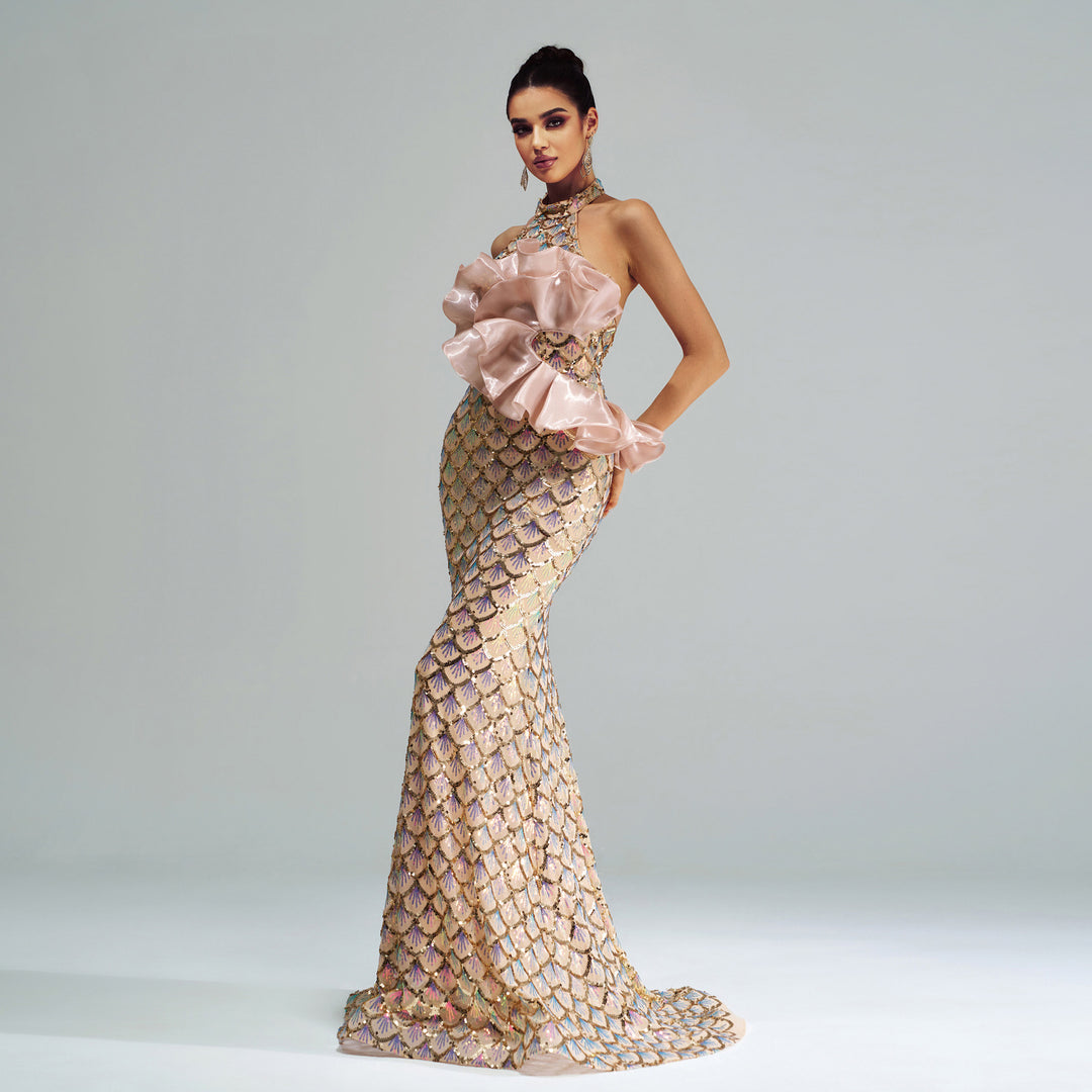 Halter Sequined Mermaid Evening Dress - Onouthati