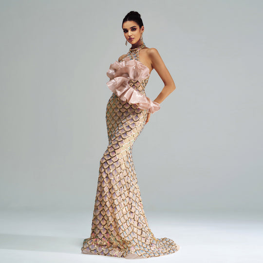 Halter Sequined Mermaid Evening Dress - Onouthati