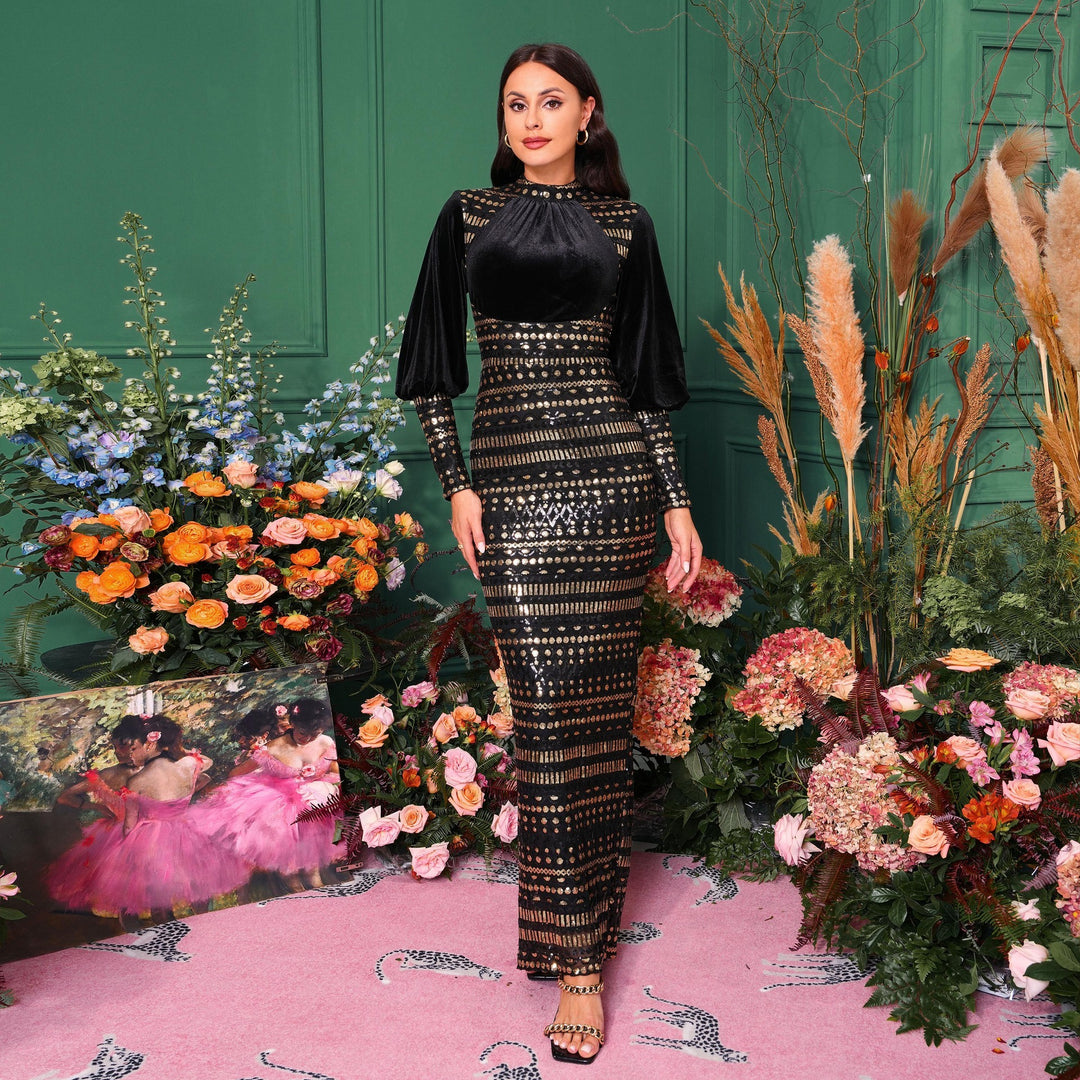 Long Sleeve Round Neck Sequins Slit Evening Dress - Onouthati