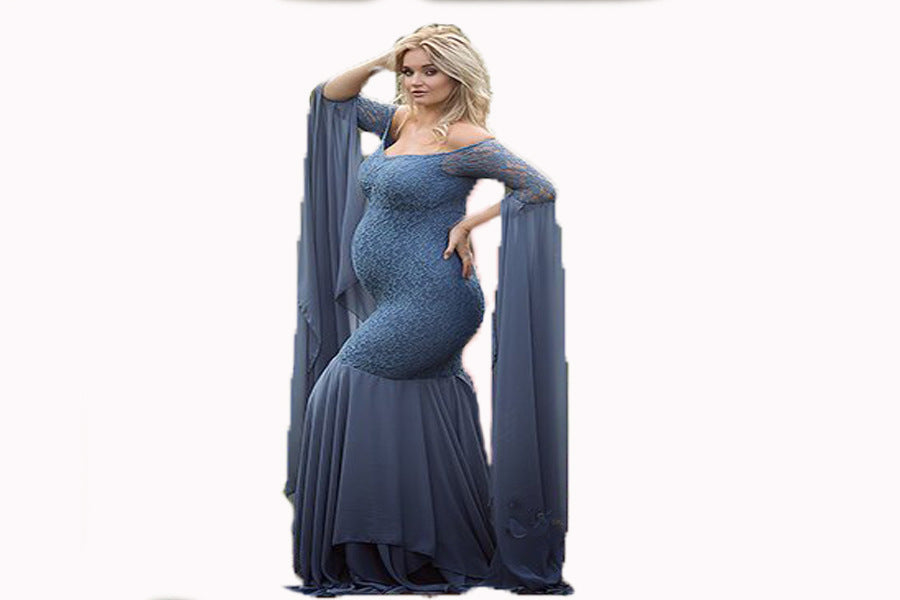 Women's Clothing Lace Stitching Pregnant Women Super Long Sleeve Dress - Onouthati