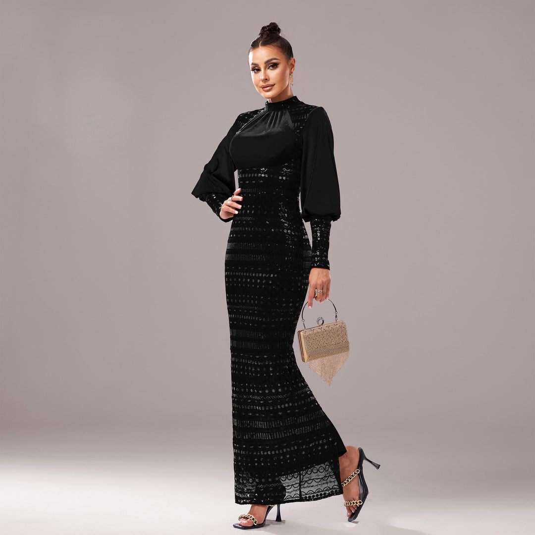 Long Sleeve Round Neck Sequins Slit Evening Dress - Onouthati