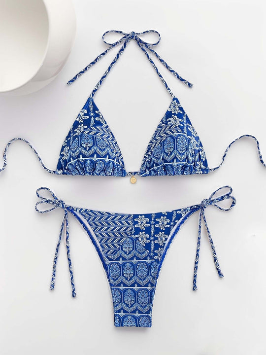 Women Printed Lace-up Bikini Split Swimsuit Swimwear - Onouthati