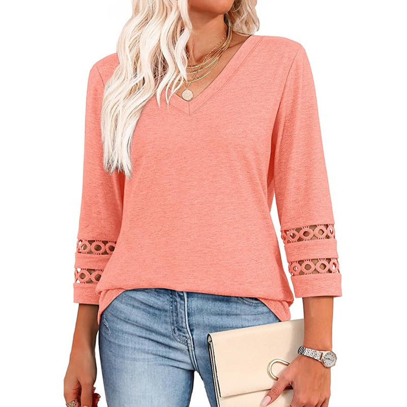 Solid Color Loose V-neck 34 Sleeves Women - Onouthati