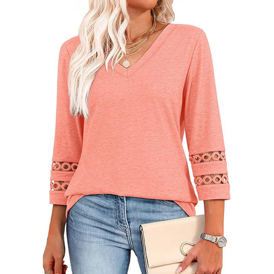 Solid Color Loose V-neck 34 Sleeves Women - Onouthati