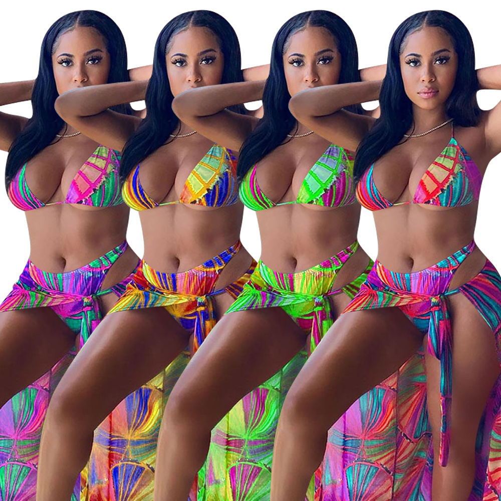 Split Swimsuit Summer Bikini Three-piece Print Beach Suit Swimming Sportswear - Onouthati