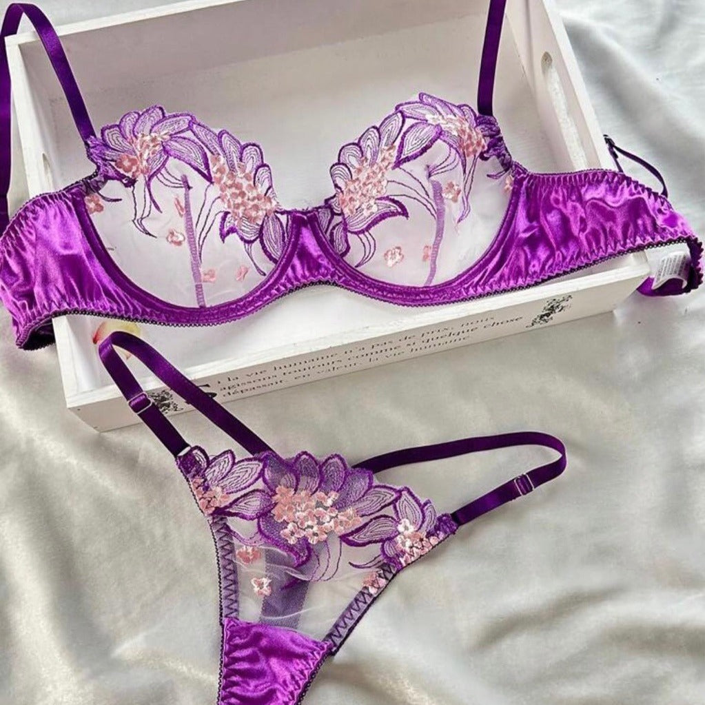 Purple Embroidered Ribbon Steel Ring Underwear Suit Women - Onouthati