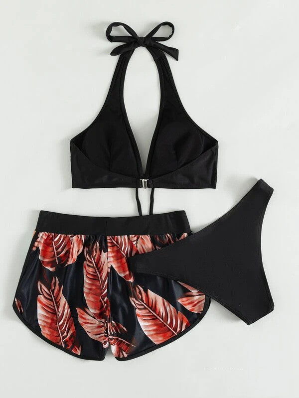 3pcs Leaf Print Bikini With Shorts Fashion Summer Beach Swimsuit Womens Clothing - Onouthati