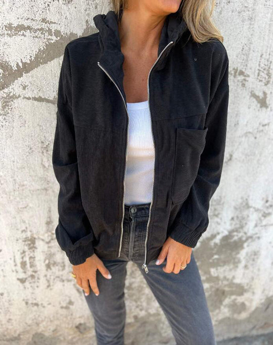 Women's Solid Color Simple Corduroy Hooded Jacket - Onouthati