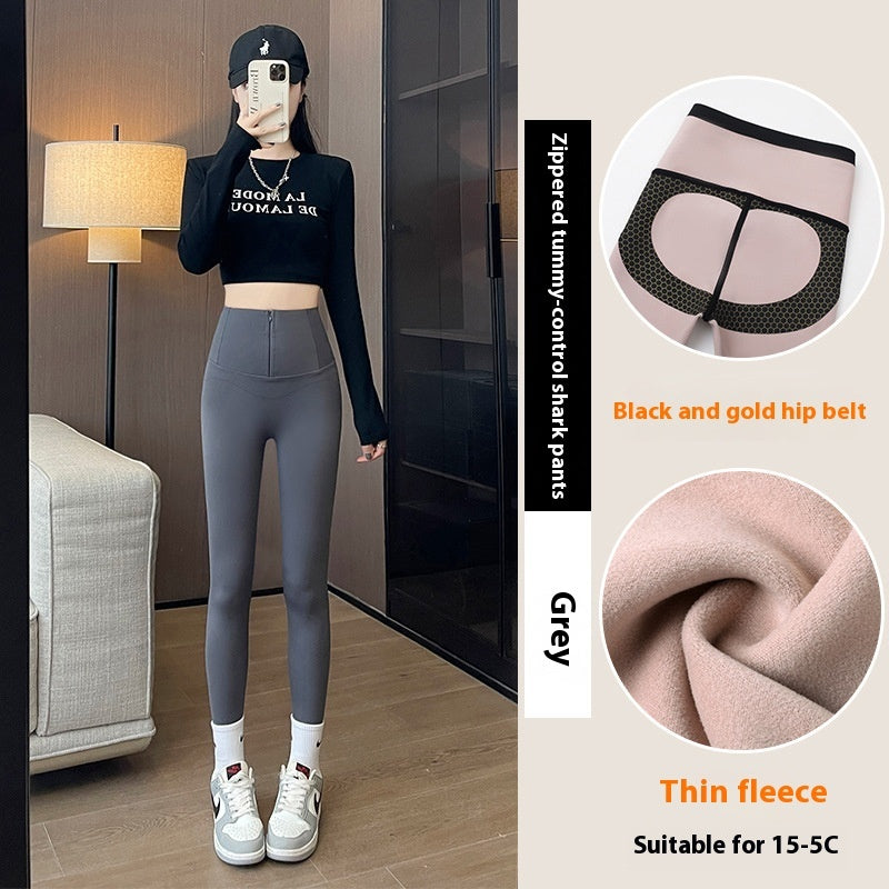 Belly-controlling Butt Lifting Leggings With Three-breasted Design Winter High Waist Slim Zippere Pants Warm Velvet And Thickened Trousers Women Clothing - Onouthati