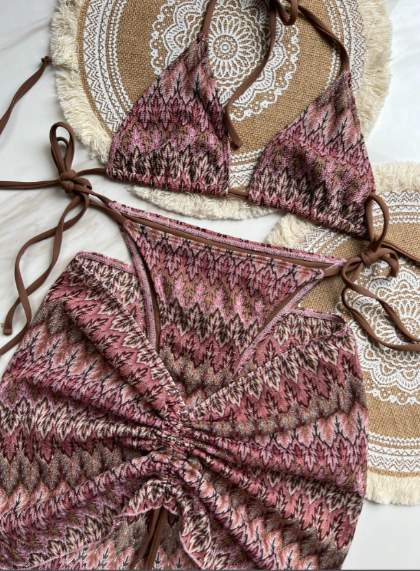 Knitting Bikini Skirt Three-piece Set Bikini Striped Swimsuit Bikini Women Swimw - Onouthati
