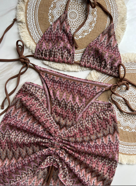 Knitting Bikini Skirt Three-piece Set Bikini Striped Swimsuit Bikini Women Swimw - Onouthati