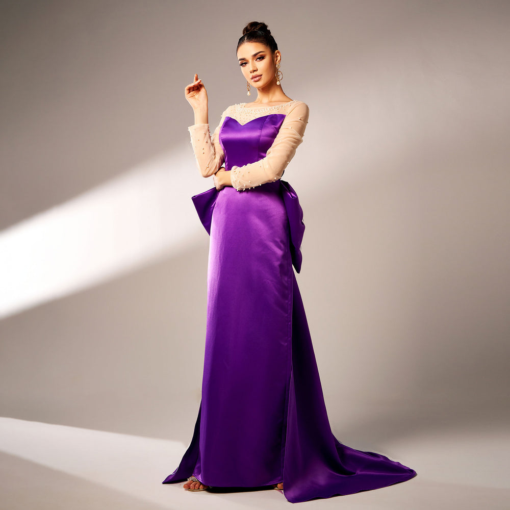 Long Sleeve Round Neck Party Beaded Big Bow Evening Dress - Onouthati