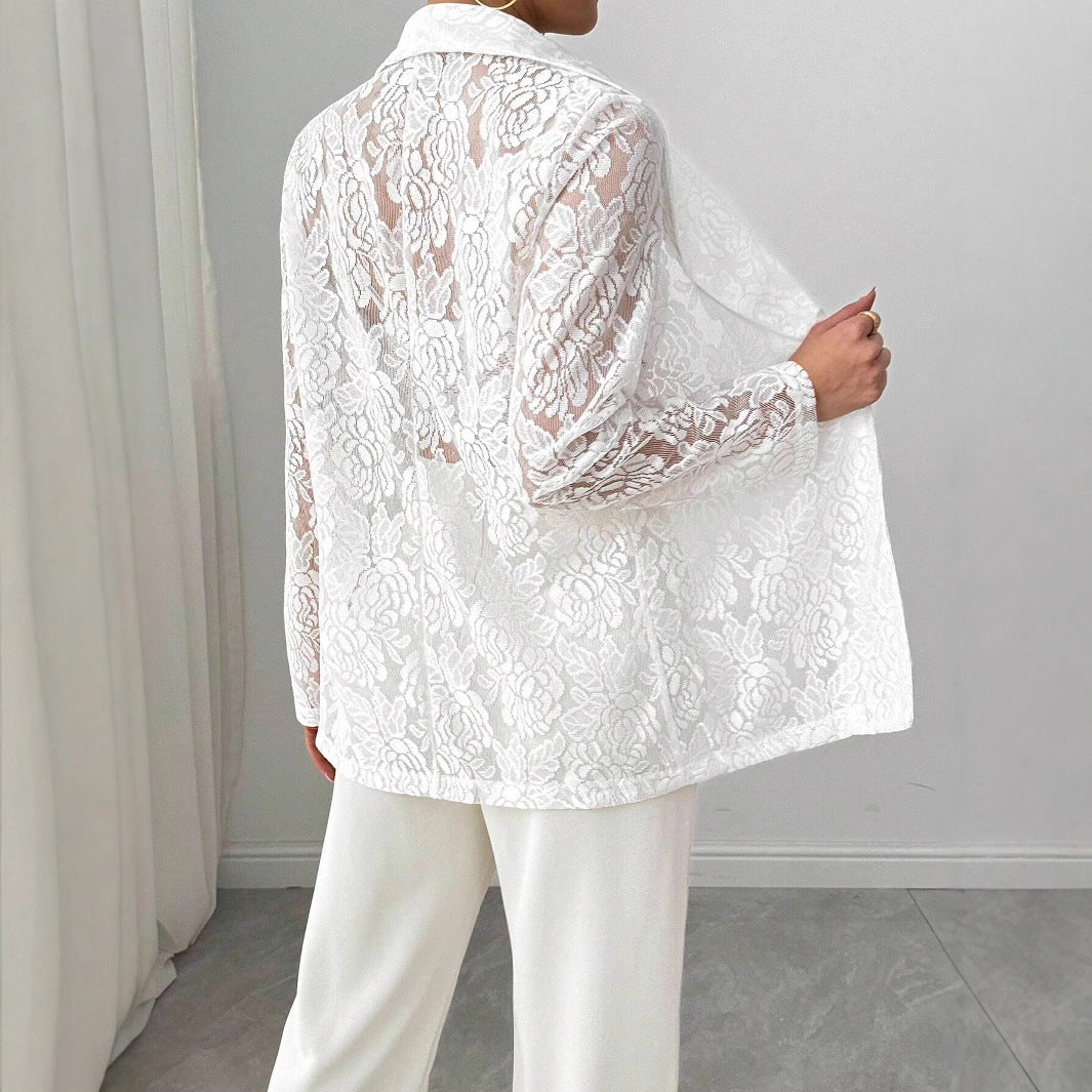 Lace Embroidery White Casual Blazer Women - Onouthati